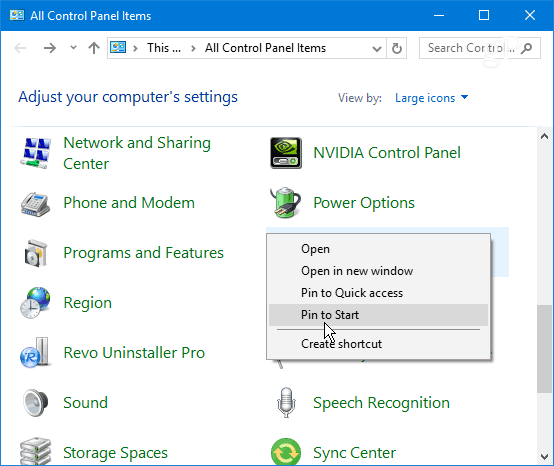 Item do painel de controle de pinos Iniciar do Windows 10