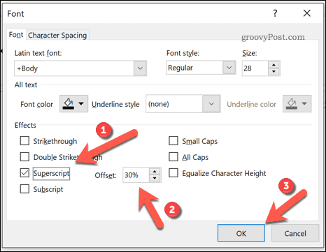 Opções para adicionar texto subscrito ou sobrescrito no PowerPoint no Windows