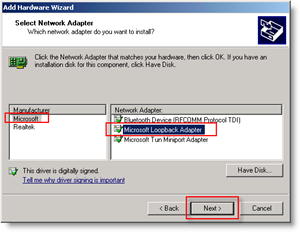 Assistente para adicionar hardware do Windows: Adicionar adaptador de rede de loopback