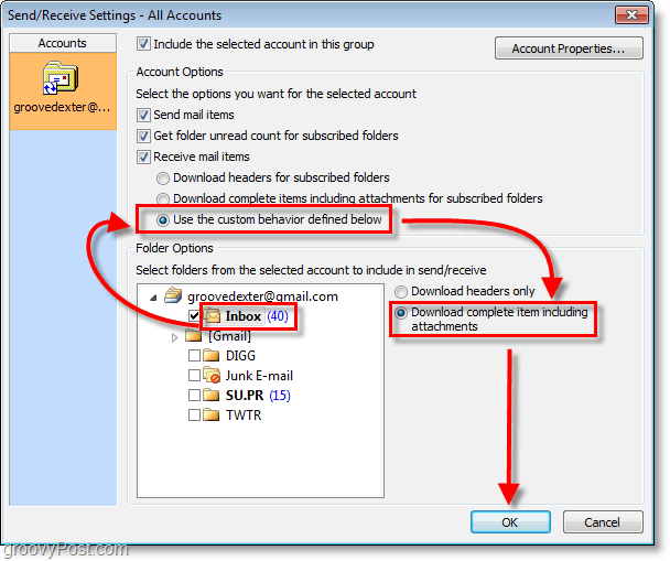 Captura de tela do Outlook 2010 - caixa de entrada usar comportamento personalizado baixar item completo