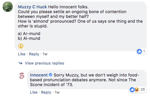 Exemplo de Inocente respondendo a uma pergunta de comentário em uma postagem do Facebook.