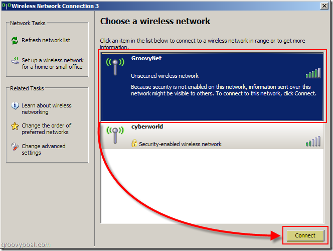 Menu do Windows XP para escolher uma captura de tela de rede sem fio:: groovyPost.com