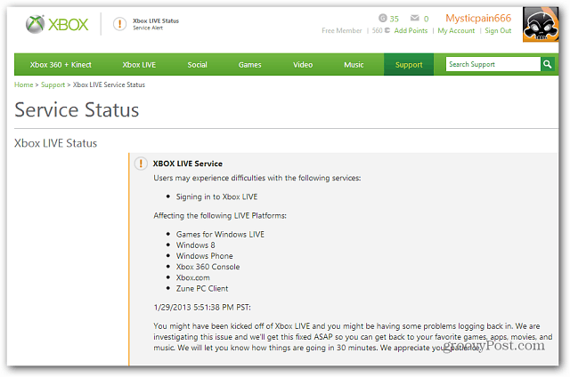 Status do serviço Xbox Live
