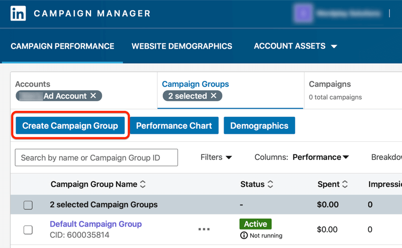 painel do gerente de campanha do LinkedIn com o botão para criar grupo de campanha destacado