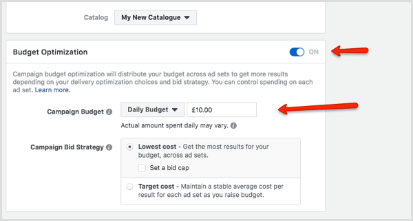 Seção de otimização de orçamento no Facebook Ads Manager