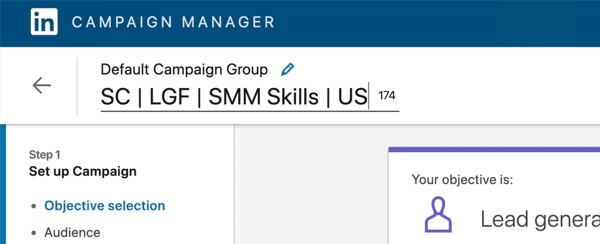 captura de tela do nome da campanha do LinkedIn editada para dizer 'SC | LGF | Habilidades de SMM | NOS'