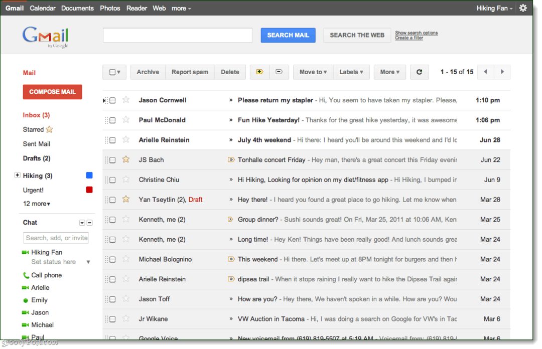 Visualização da caixa de entrada do Gmail, tema de visualização
