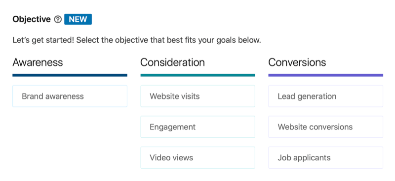 Lista de objetivos da campanha de anúncios do LinkedIn, incluindo exibições de vídeo em consideração