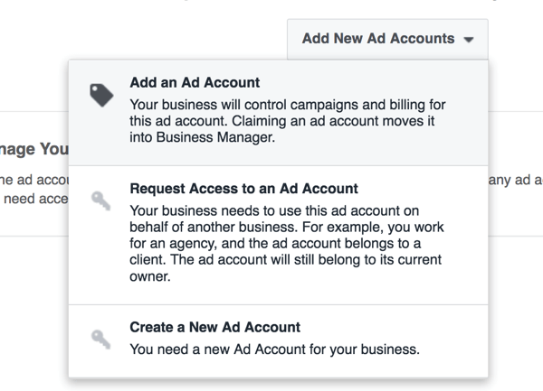 Selecione a opção de criar uma nova conta de anúncios no Business Manager.