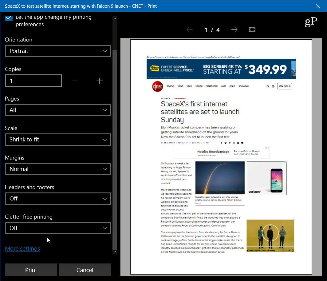 Imprimir artigos do site limpos e desordenados com o Microsoft Edge