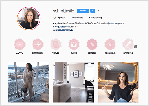 O perfil de Amy Landino no Instagram usa o identificador schmittastic. Seu perfil no Instagram mostra categorias de destaque para AmyTV, Picmonkey, Viagem, Datas, Saúde, Columbus e Falando. As fotos mostram fotos de Amy.