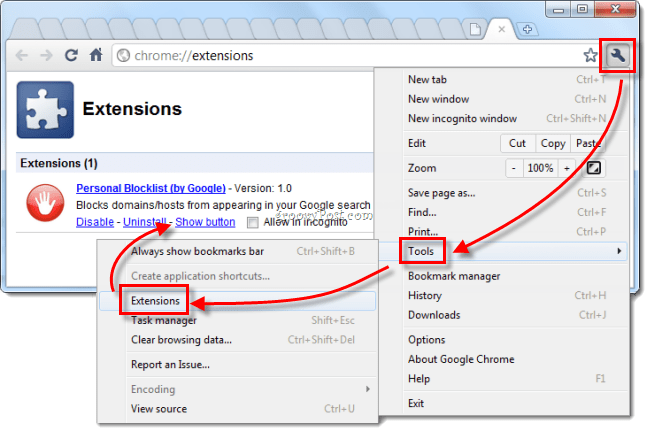 Google Chrome gerenciar extensões retornar botão vermelho