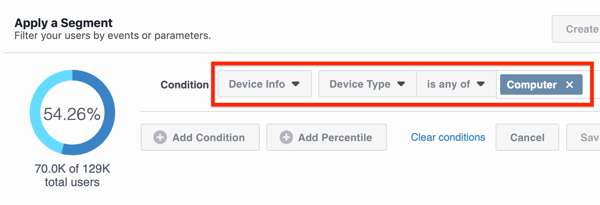 Opções de condição para ver a porção de seu público no desktop do Facebook.