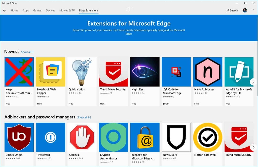 Extensões de Borda da Microsoft Store