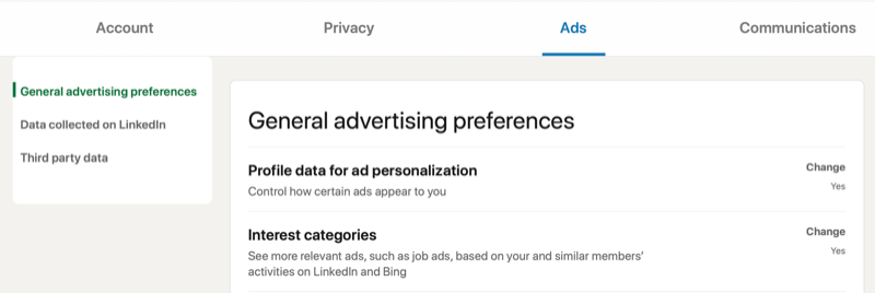 Configurações da conta do menu do LinkedIn para preferências gerais de publicidade