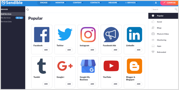 lista de redes de mídia social suportadas por Sendible