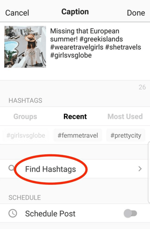 O aplicativo Preview ajuda você a encontrar hashtags relevantes para adicionar à sua postagem.