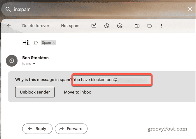 Exemplo de e-mail bloqueado no Gmail