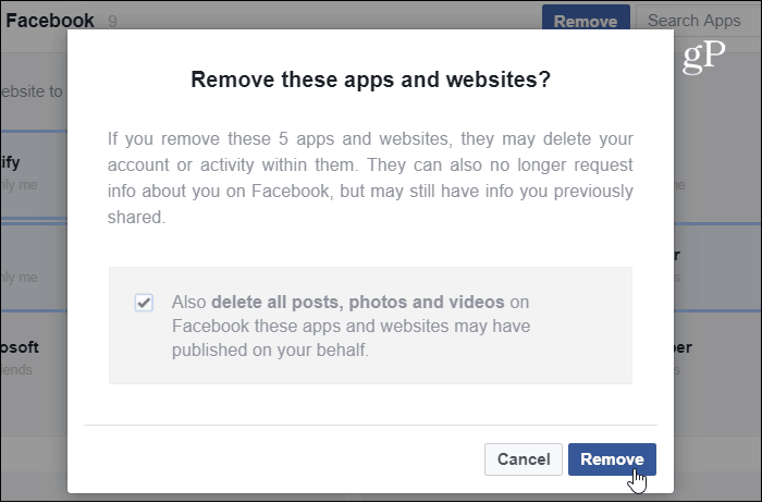 Verificar Facebook de remoção de site de aplicativo