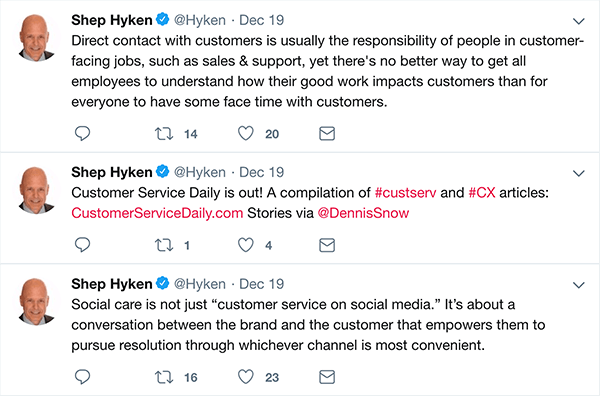 Esta é uma captura de tela de três tweets que Shep Hyken fez sobre atendimento ao cliente.