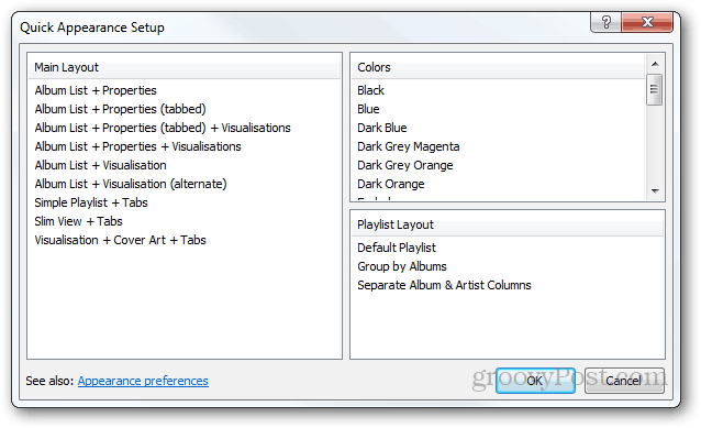 foobar2000 aparência do quikc layout da configuração cores aparência da lista de reprodução