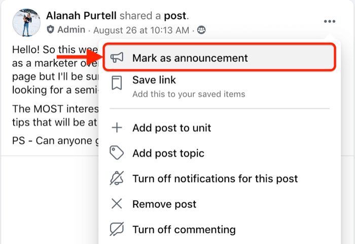 opção de menu de postagem do grupo do Facebook para marcar uma postagem específica como um anúncio