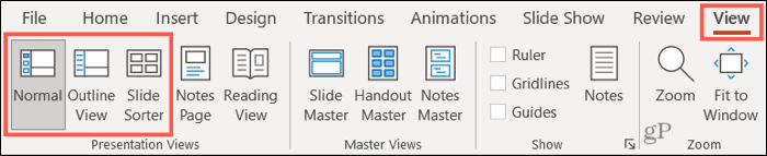 Visualização normal do PowerPoint, estrutura de tópicos e classificação de slides