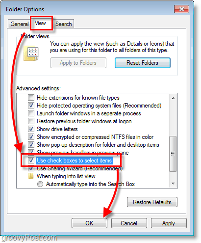 Captura de tela do Windows 7 - exibição de opções de pasta e caixas de seleção para selecionar itens