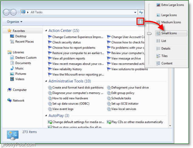 Captura de tela do Windows 7 - tudo pronto, mude para a exibição de ícones pequenos