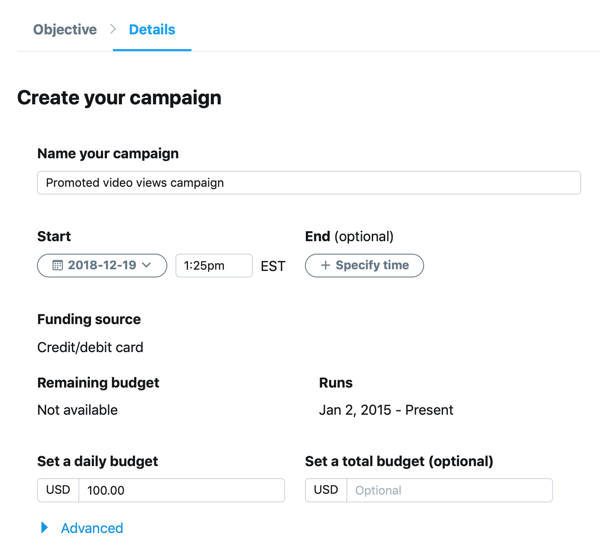 Exemplo de configurações de campanha para seu anúncio do Twitter de visualizações de vídeos promovidos.