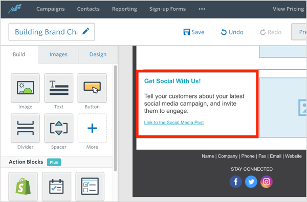 O Constant Contact permite que você inclua links para suas campanhas de mídia social mais importantes.