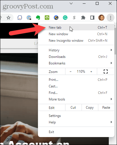 Selecione Nova guia no menu do Chrome