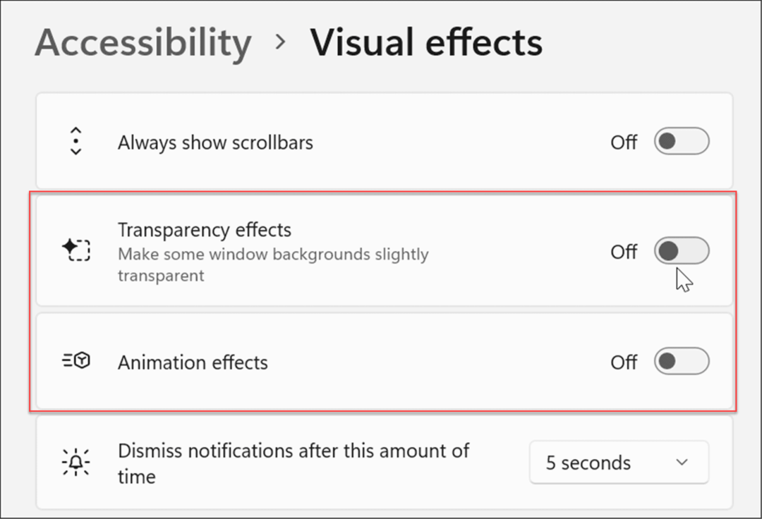 acessibilidade efeitos visuais configurações do windows 11