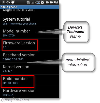 firmware Android e número de compilação, número do modelo também