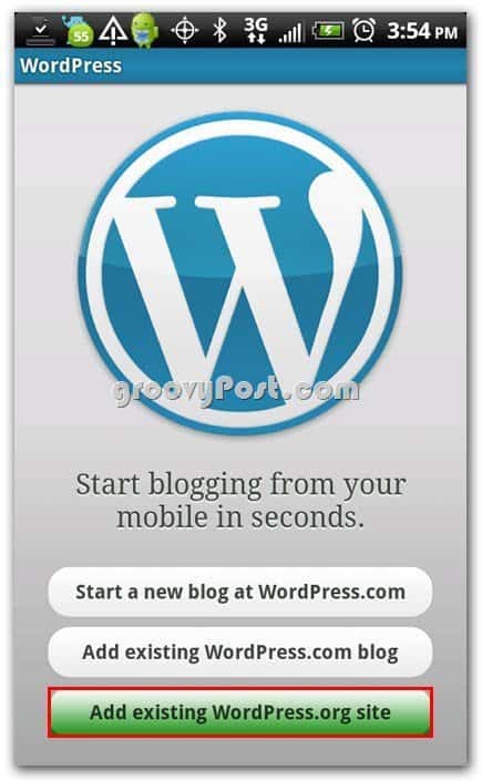 Wordpress no menu de configuração do Android - Adicionar site existente