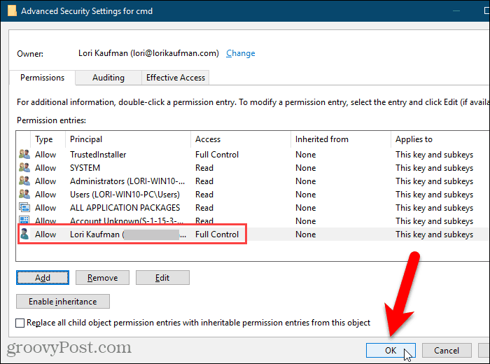 Feche a caixa de diálogo Configurações avançadas de segurança no Registro do Windows