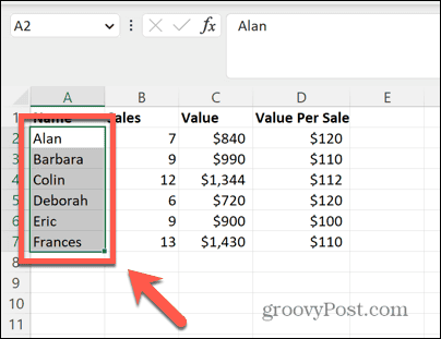 intervalo de seleção do excel