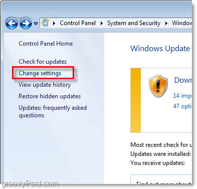 Windows 7 - Captura de tela do link de configuração do Windows Update