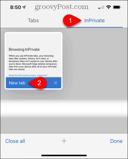 Toque em InPrivate e, em seguida, toque em Nova guia no Edge para iOS