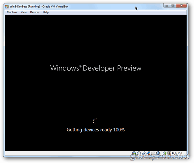 Tela de inicialização do VirtualBox Windows 8 após a instalação