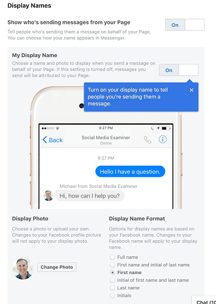 O Facebook permite que os administradores de páginas selecionem seu nome de exibição quando estiverem usando o Messenger em nome de sua página ou empresa.