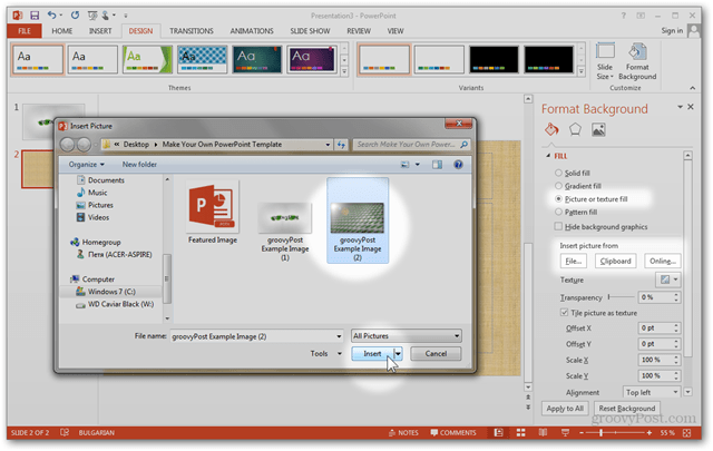 Criação de modelo do Office 2013 Criar design personalizado POTX Tutorial de slides de slides Como formatar a importação de imagem de imagem personalizada em segundo plano