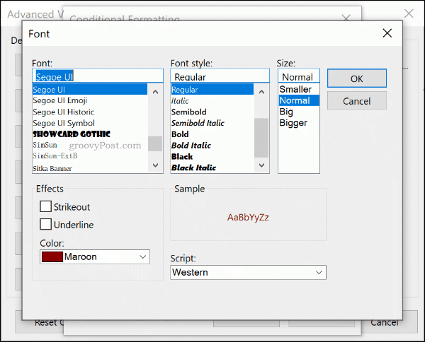 Selecione suas regras de fonte de formatação condicional no Outlook