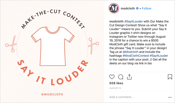ModCloth pediu aos usuários do Instagram que compartilhassem seus próprios designs em postagens originais e ofereceu um incentivo generoso (em proporção à atribuição): a chance de ganhar um vale-presente de $ 500.