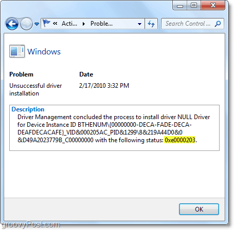 visualizar informações técnicas, incluindo códigos de erro do Windows 7