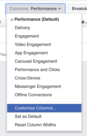 Você pode personalizar as colunas mostradas na tabela de resultados de anúncios do Facebook.