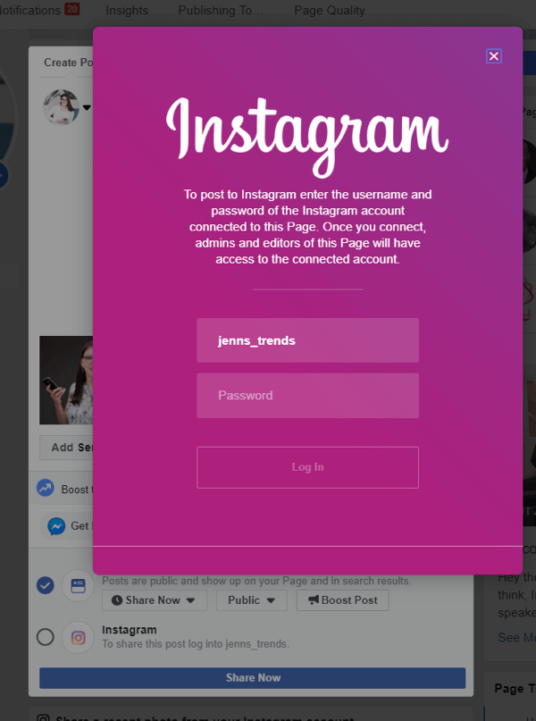 Como fazer uma postagem cruzada do Facebook no desktop para o Instagram, etapa 4, faça login no Instagram