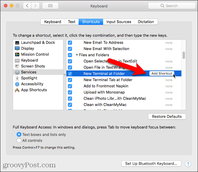Clique em Adicionar atalho para o serviço Novo terminal na pasta em um Mac