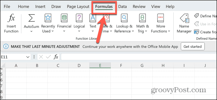 menu de fórmulas do Excel
