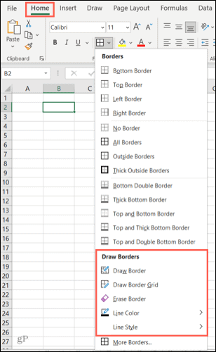Opções de borda no Excel